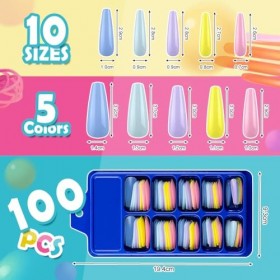 VZXQX Faux Ongles Long, 100 Pièces Faux Ongles French Appuyez sur Faux Ongles avec Autocollants, Ballerine Faux Ongles Coloré
