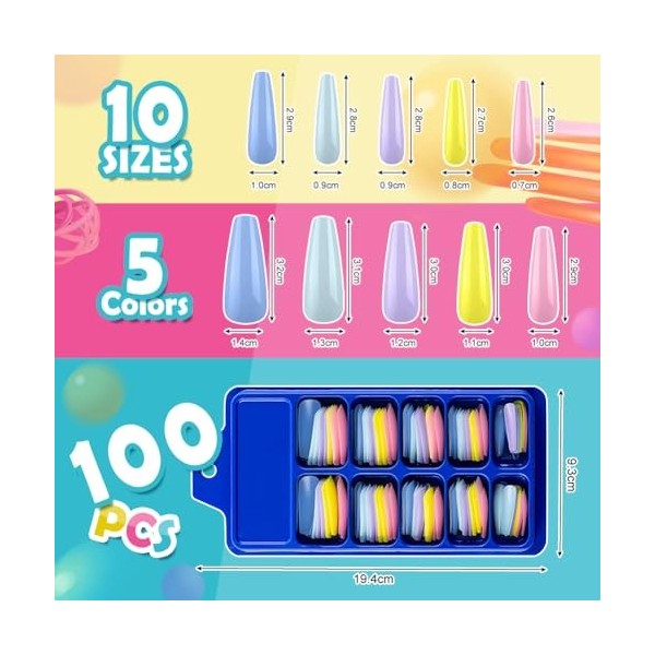 VZXQX Faux Ongles Long, 100 Pièces Faux Ongles French Appuyez sur Faux Ongles avec Autocollants, Ballerine Faux Ongles Coloré