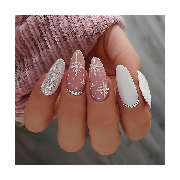 24 PCS Noël faux ongles paillettes scintillantes flocons de neige faux ongles longs ongles à tête ronde pressés sur faux ongl