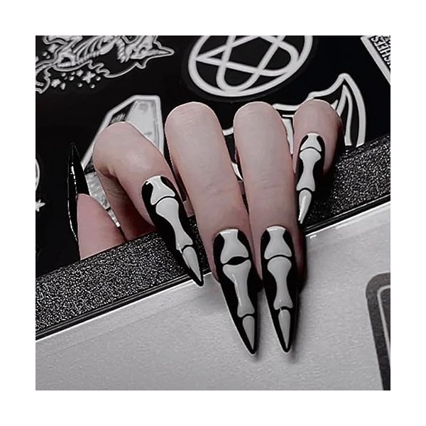 Brishow Faux ongles Halloween décoration Mains de crâne noir pressé on ongles Ballerina acrylique Long faux ongles 24 pièces 