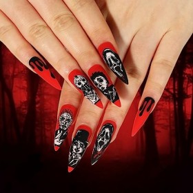 Brishow Faux ongles Halloween décoration squelette pressé on ongles Ballerina acrylique sang rouge faux ongles 24 pièces femm