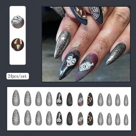 Carufin 24pcs Halloween toile daraignée noir givré faux ongles zombie mariée pointe faux ongles pressés sur faux ongles