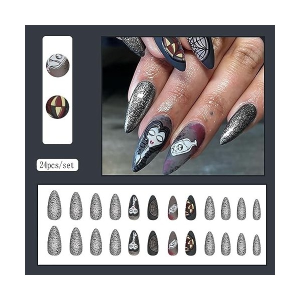 Carufin 24pcs Halloween toile daraignée noir givré faux ongles zombie mariée pointe faux ongles pressés sur faux ongles