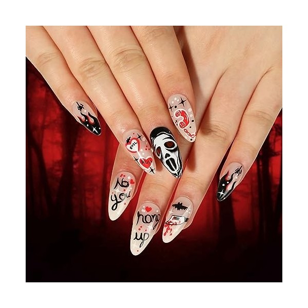 Carufin 24 PCS araignée coeur rouge crâne visage faux ongles Halloween moyen long serpent et scorpion faux ongles pressés sur