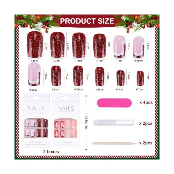 MELLIEX 48 Pièces Noël Faux Ongles Court, Artificial Faux Ongle à Couverture Complète Ensemble French Faux Ongles Autocollant