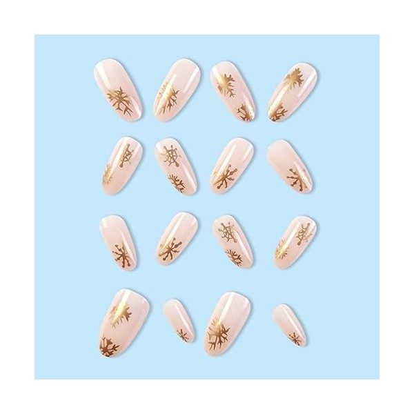 JUSTOTRY Lot de 24 faux ongles ovales en forme damande de Noël - Avec motif neige - Doré - Pour femme