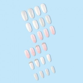 JUSTOTRY Lot de 24 faux ongles à coller - En forme damande de Noël - Avec motif neige - Paillettes argentées - Pour femme