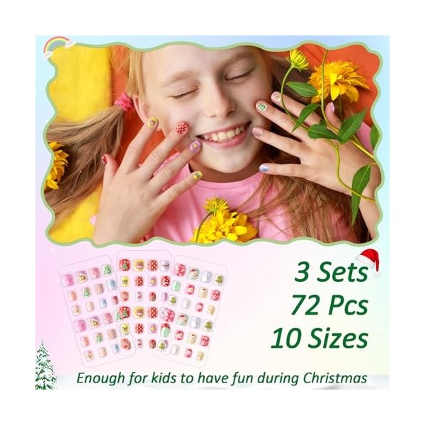 Kiiwah 72 Pièces Faux Ongles de Noël pour Enfant, Pré-collé Faux Ongles Noël, Christmas Press on Nails, Tips de Faux Ongle po