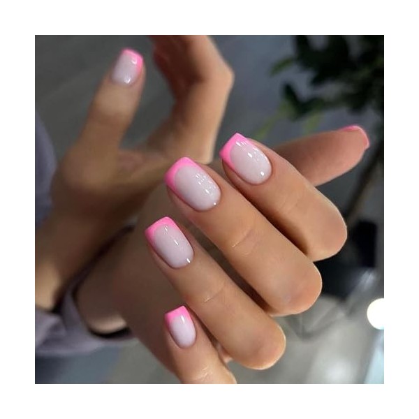 Ceboic 24 Pièces Faux Ongles Carré Court, Français Press on Nails Rose Gradient Ongles à Coller, Ballerine Acrylique Couvertu...