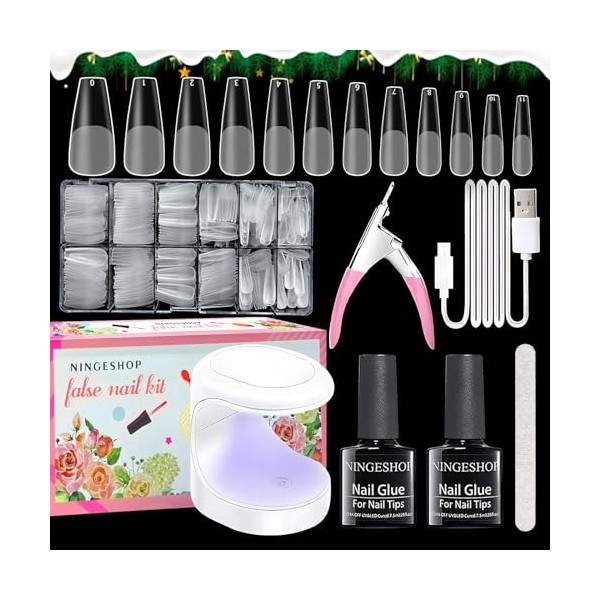 RVIKCMR Capsule Americaine Ongle, 600 PCS Faux Ongles, Capsules Ongles en 12 Tailles, Avec une Lampe à Ongles Portable et 2 B