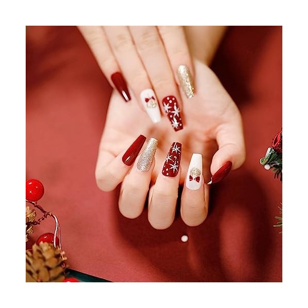 Lot de 24 faux ongles de Noël longs à coller,Doré/rouge/blanc,Ongles à presser avec motifs flocons de neige,Accessoires de dé