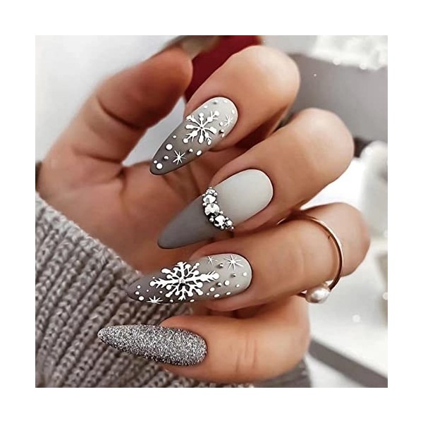 Lot de 24 faux ongles de Noël longs à coller,Doré/rouge/blanc,Ongles à presser avec motifs flocons de neige,Accessoires de dé