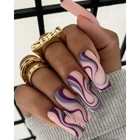 Lot de 24 faux ongles longs mats avec motifs tourbillonnants, à coller sur les ongles pour femme, longs ongles en forme de ce