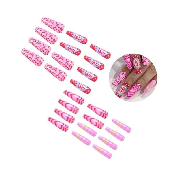 Lot de 24 Jolis ongles artificiels avec colle à ongles,Faux Ongles à Coller Nail Art,Faux Ongles Français Carré Long Ongles a