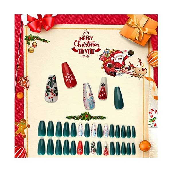 ZZLOVE Lot de 30 faux ongles réutilisables cercueil de Noël - Feuille dor - À coller sur les ongles - Ballerine acrylique - 