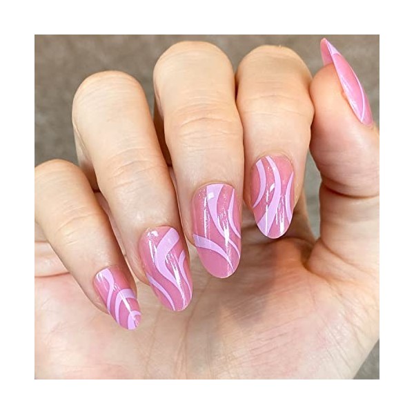 NOVO OVO Lot de 24 faux ongles à presser - Rose vif brillant avec tourbillon rose holographique court moyen pointu amande ova