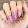 NOVO OVO Lot de 24 faux ongles à presser - Rose vif brillant avec tourbillon rose holographique court moyen pointu amande ova
