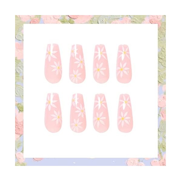 Lot de 24 faux ongles en acrylique à coller - Motif cercueil - Ballerine blanche sur rose - Avec autocollant de colle - Pour 