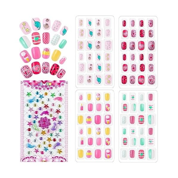 VZXQX Faux Ongles pour Enfants, 96 Pièces Appuyez sur Faux Ongles Enfant Fille avec Autocollants Strass, Artificiels Pré-coll