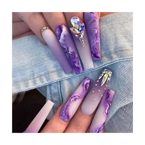 RYMAUP® Lot de 24 faux ongles violets à presser - Couverture complète - Faux ongles violets avec strass