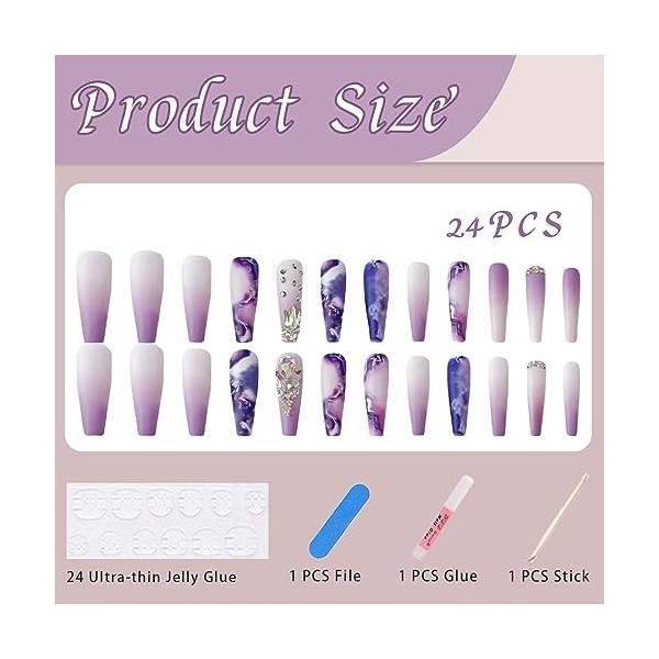 RYMAUP® Lot de 24 faux ongles violets à presser - Couverture complète - Faux ongles violets avec strass