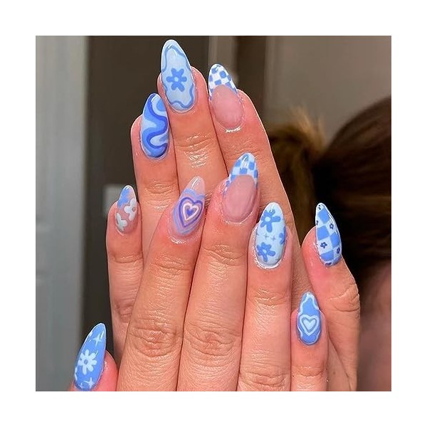 RYMAUP® Lot de 24 faux ongles en acrylique à couverture complète, dégradé de couleur pour femmes et filles, bleu ciel, motif 
