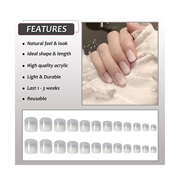 Lot de 24 faux ongles courts carrés à coller avec outils de manucure pour femmes et filles, couverture complète, blanc dégrad