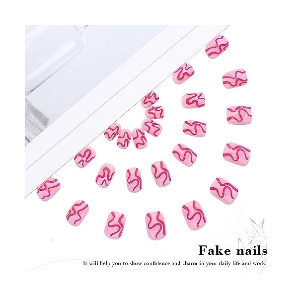 Vatocu Lot de 24 faux ongles carrés roses courts en acrylique à coller pour femmes et filles