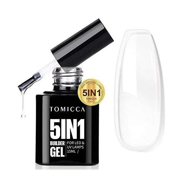 TOMICCA Gel Construction Ongle UV, Builder Gel 5 en 1 15ml, Gummy Base Pose Americaine,UV/LED Gel Ongles pour Nail Extension,