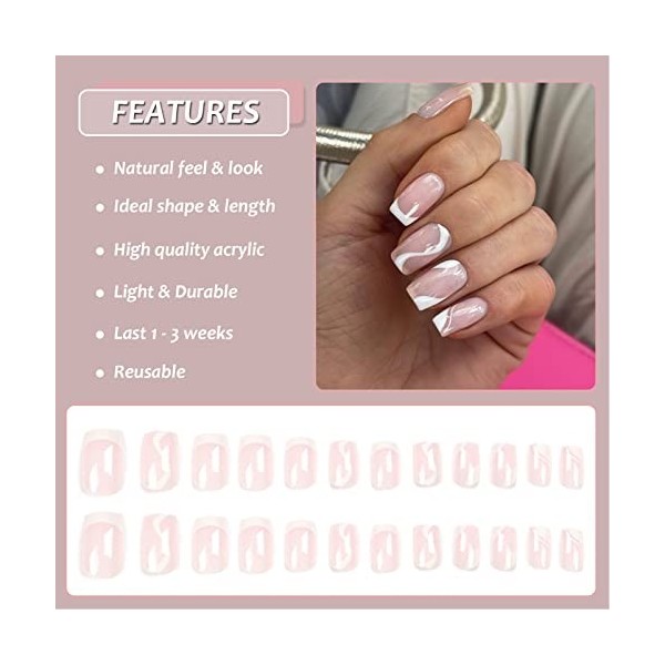 Lot de 24 faux ongles courts à presser carrés à coller sur les ongles pour femme - Motif tourbillon