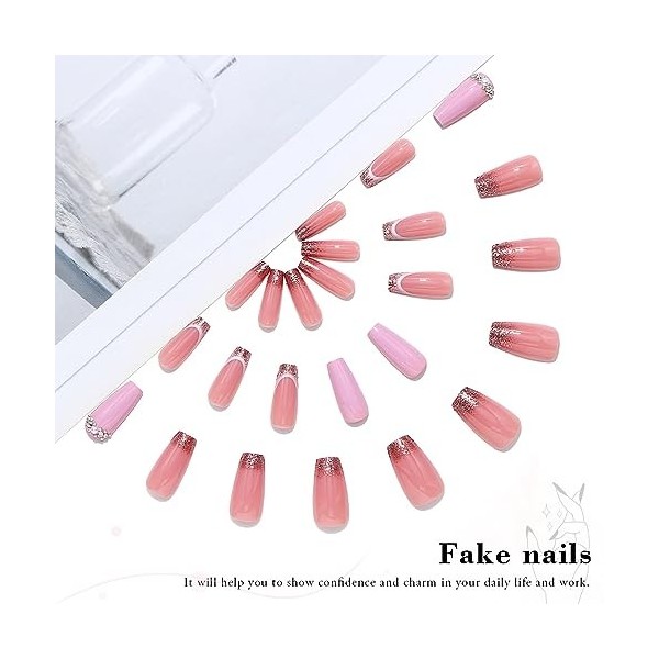 Vatocu Français Faux Ongles Court Rose Faux Ongle Nus Paillettes Crystal Press on Nails Bâton Acrylique sur Ongles pour Femme