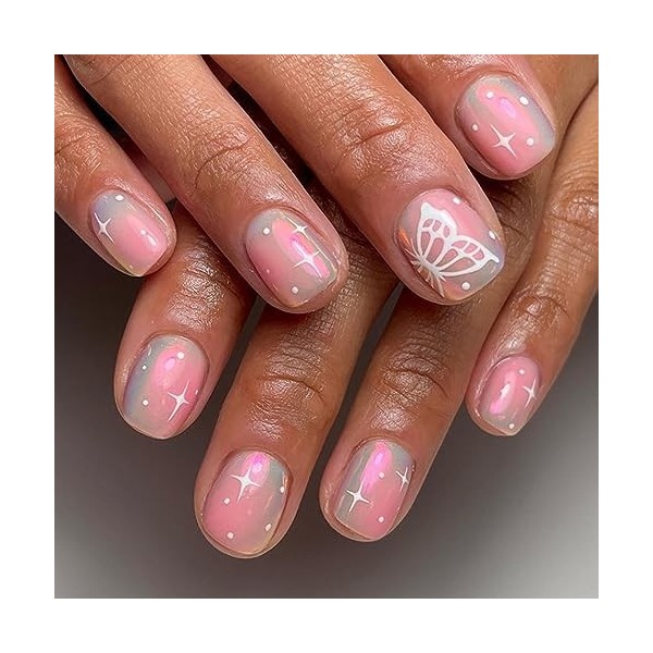 Vatocu Lot de 24 faux ongles carrés courts roses Aurora à paillettes en acrylique à coller sur les ongles pour femmes et fill