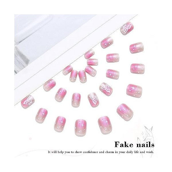 Vatocu Lot de 24 faux ongles carrés courts roses Aurora à paillettes en acrylique à coller sur les ongles pour femmes et fill