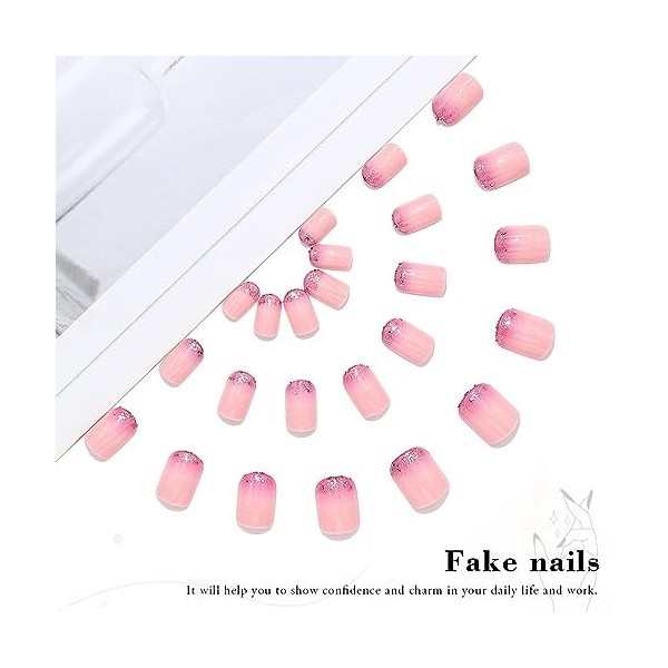 Vatocu Lot de 24 faux ongles carrés courts roses à paillettes pour femmes et filles