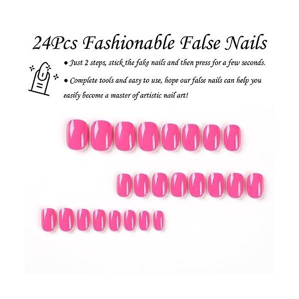 Lot de 24 faux ongles courts en acrylique avec colle à ongles amovible - Rose vif