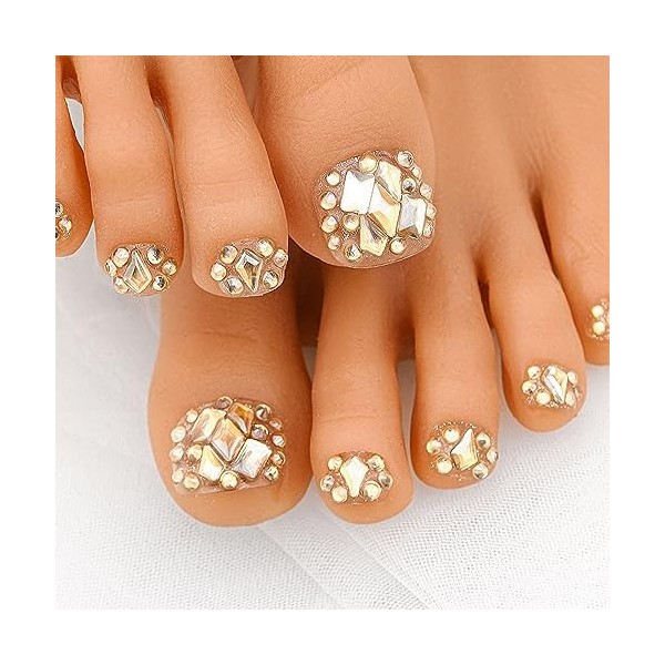 Sethexy Carré Faux ongles courts Fait à la main Couvre-ongles Faux ongles à presser Champagne Cristal Faux ongles dorteil Ac