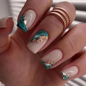 24 Pièces Faux Ongles Court Carrés Français Nude Vert Ongles à Coller Naturel Gold Brillant Acrylique Bâton sur Les Ongles av