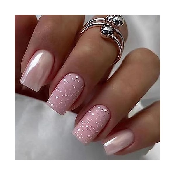 24 Pièces Faux Ongles Court Carrés Français Nude Vert Ongles à Coller Naturel Gold Brillant Acrylique Bâton sur Les Ongles av