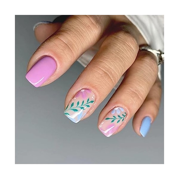 24 Pièces Faux Ongles Court Carrés Français Nude Vert Ongles à Coller Naturel Gold Brillant Acrylique Bâton sur Les Ongles av...