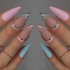 24 Pièces Faux Ongles Amande Court Français Ballerine Ongles à Presser Visage Abstrait Acrylique Capsules Ongles à Coller Réu