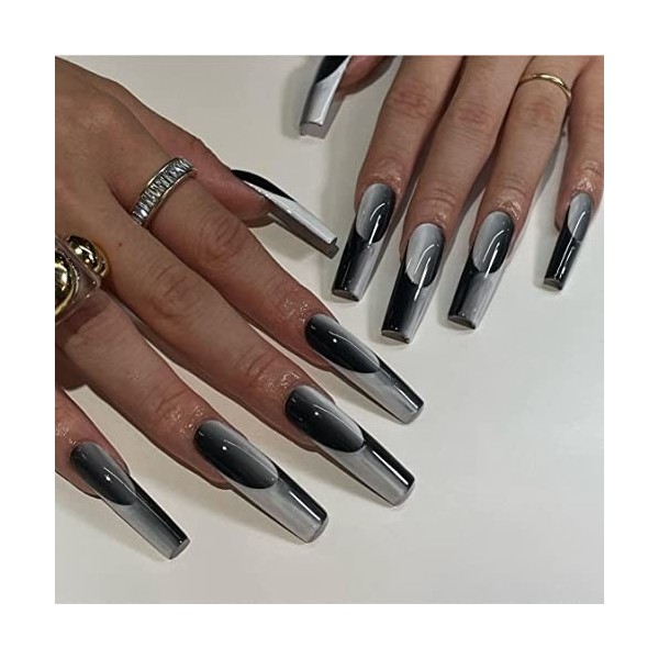 Sethexy Halloween Ballerine Appuyez sur les ongles Le noir Français Faux Ongles gothique Faire la fête Faux ongles 24 pièces 