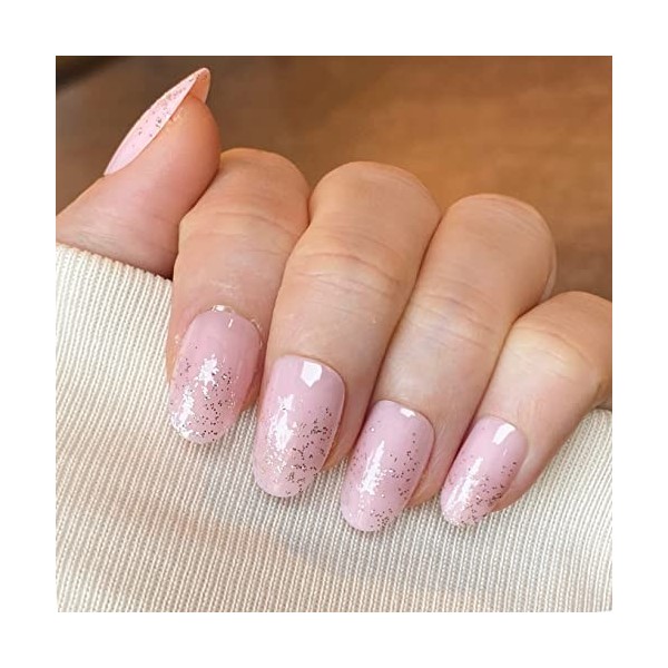 NOVO OVO Court Oval Amande Rose Clair Nude Argent Étincelle Ombre Épais Faux ongles à coller STARRY LIGHTS Lustré Holographiq