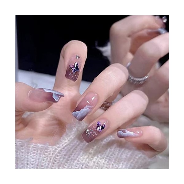 24Pcs Ballerina Stick on Nails Coffin Fake Nails French Touch Nails Full Cover Artificial Acrylic Fake Nail Tips with Glue fo