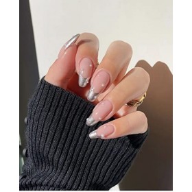 Sethexy Argent Français Faux ongles Perle Court Amande Ongles à presser Glossy Capsules Ongles 24Pcs Acrylique Ongles à colle