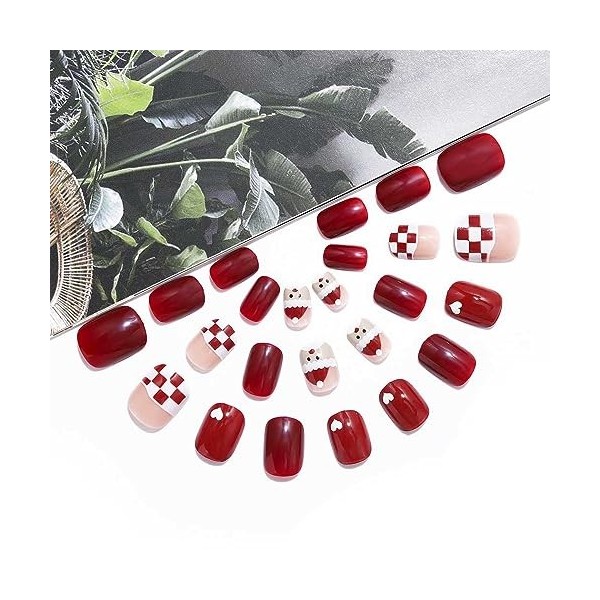 Brishow Faux Ongles Décoration de Noël Presse sur Ongles Rouge Court Faux Ongles Couverture Complète Stick on Nails 24pcs pou