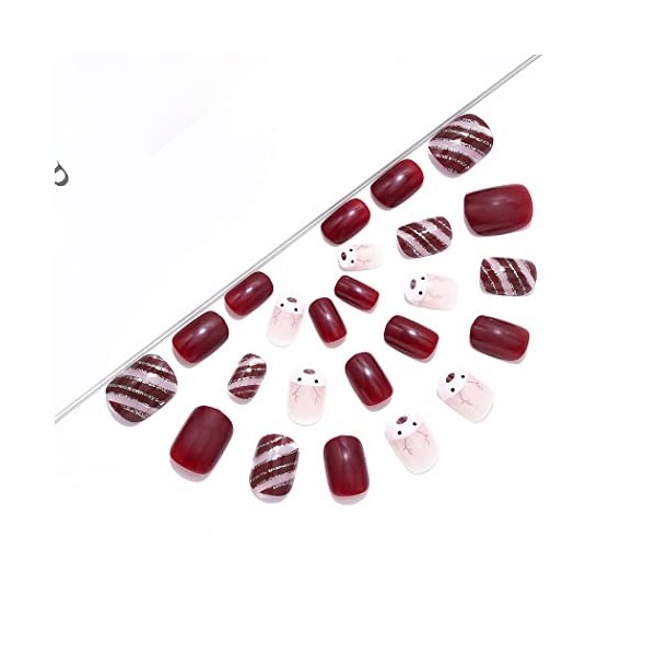 Brishow Faux Ongles Elk de Noël Presse sur les Ongles Rouge Court Faux Ongles Bâton sur les Ongles 24pcs pour Femmes et Fille