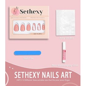Sethexy Court Amande Français Faux ongles Naturel Rose Ongles à coller Design Plume Press on Nails 24Pcs Acrylique Faux Ongle