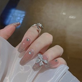 Lot de 24 faux ongles longs brillants à presser en forme de cercueil français avec diamants et nœud brillant pour femmes et f