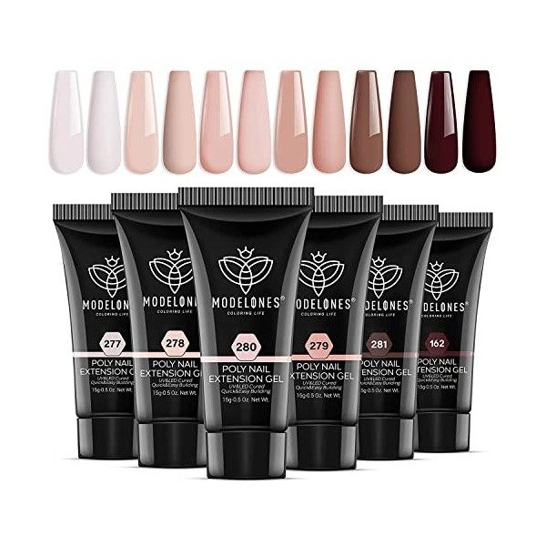 Modelones Polygel 6 Couleurs 15 ml Extension Gel pour Faux Ongles Extension Rose Construction Vernis Semi Permanent Quick Bui