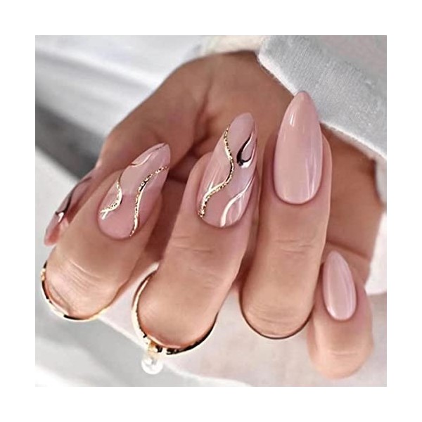 Bufenia Lot de 24 faux ongles à presser en forme damande rose pour femmes et filles A 